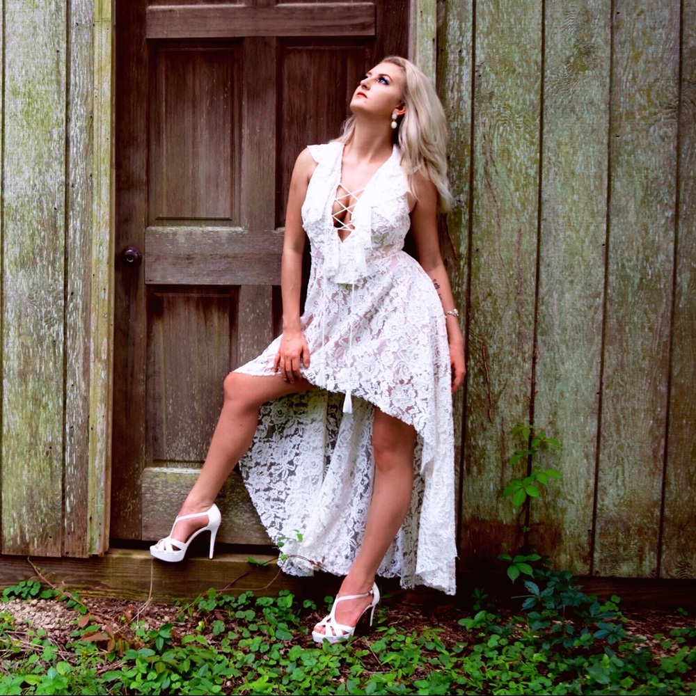 White Lace Hi-Lo Dress with low cut tie front